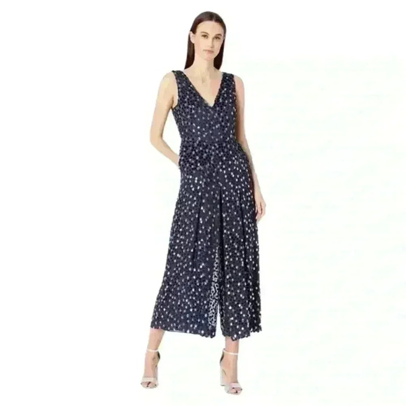 NEW KATE SPADE NEW YORK Silk Blend Navy Burnout Velvet Sleeveless Jumpsuit - Picture 1 of 15